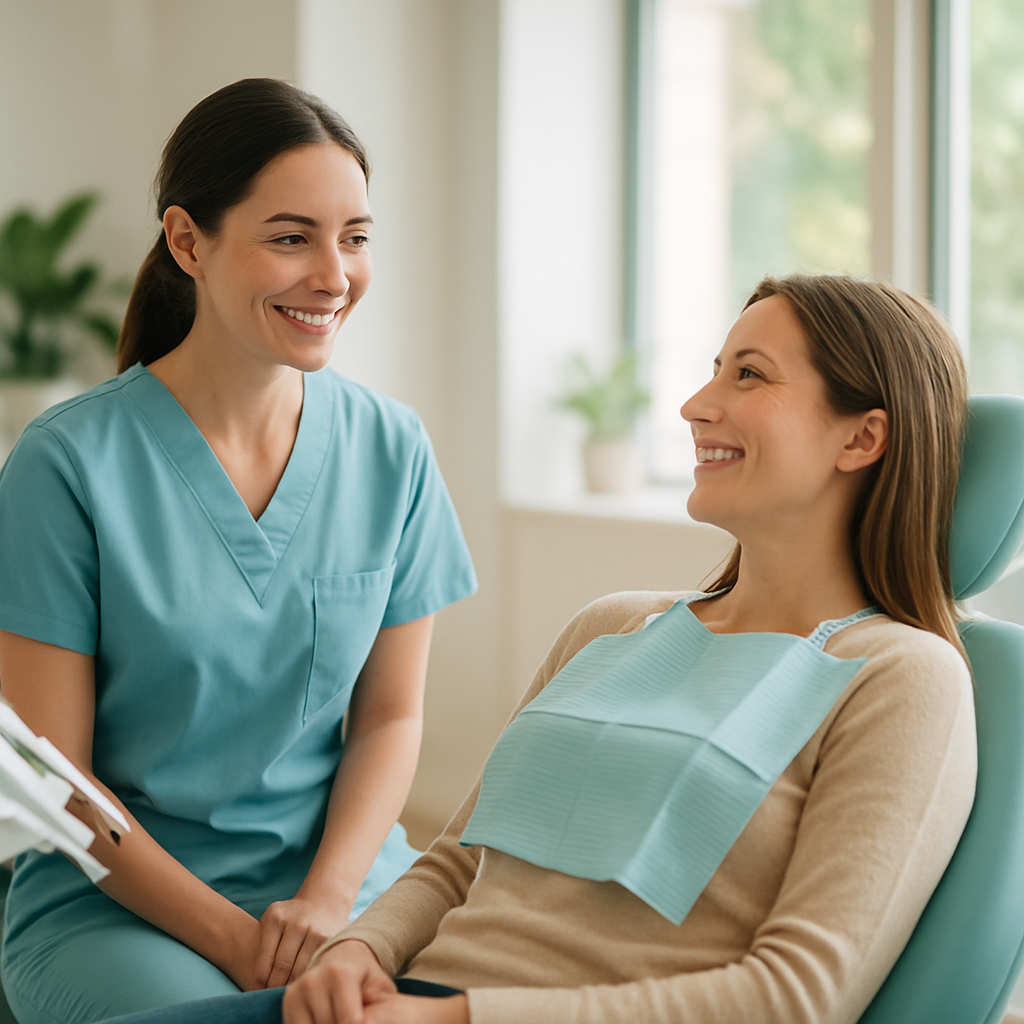 A friendly dentist talking with a relaxed patient at Lumen Dental
