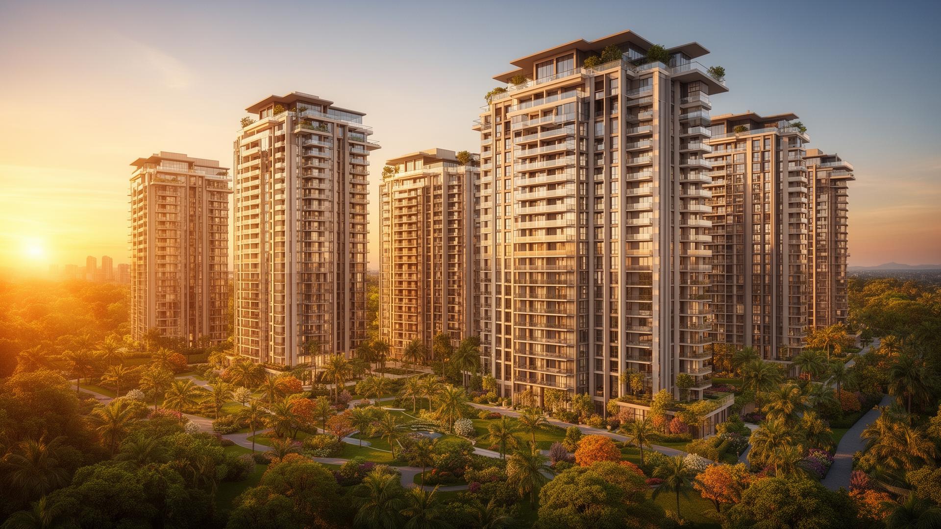 Skyline Greens luxury apartment towers at golden hour